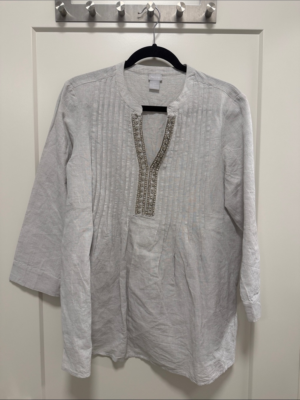 Chico's Light Gray Linen Tunic with Beaded Placket